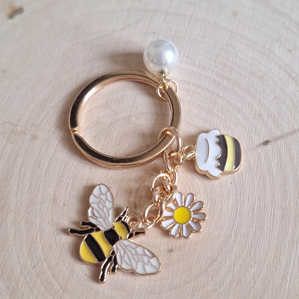 Gold Bee Charm Keyring with Daisy, Honey Jar & Pearl